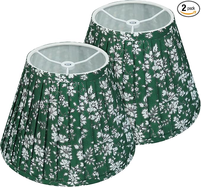 Green Floral Small Lamp Shades Set of 2 – 5x9x6.2 Inch Empire Pleated Lampshades for Bedside, Desk & Nightstand Lamps, Spider Fitter, No Assembly Needed, Perfect for Cozy Cottage, Farmhouse & Country