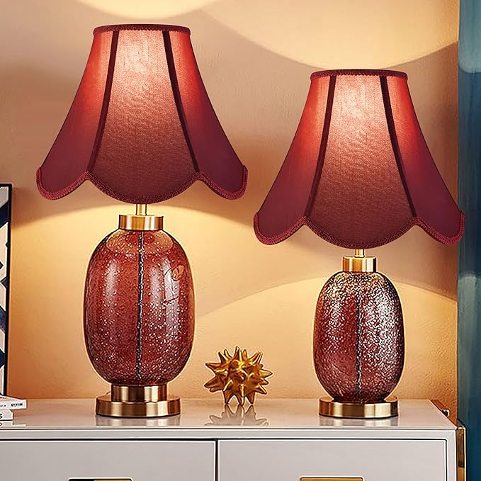 GO&SO Burgundy Scalloped Lamp Shade Bell Lamp Shades Petal Edge Braid,6"Top x 13"Bottom x 10.6"High (Spider) Table Lamp Shade Modern Floor Lamp Shade Replacement,Faux Silk Lampshades -Easy Assembly