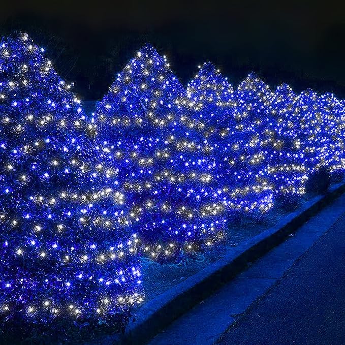 weillsnow 198 Led 9.8ft x 6.6ft 198 LED Net Lights, Connectable 8 Lighting Twinkle Modes Mesh Lights for Christmas Outdoor Patio Garden Bush Fence Decorations (Blue & White)