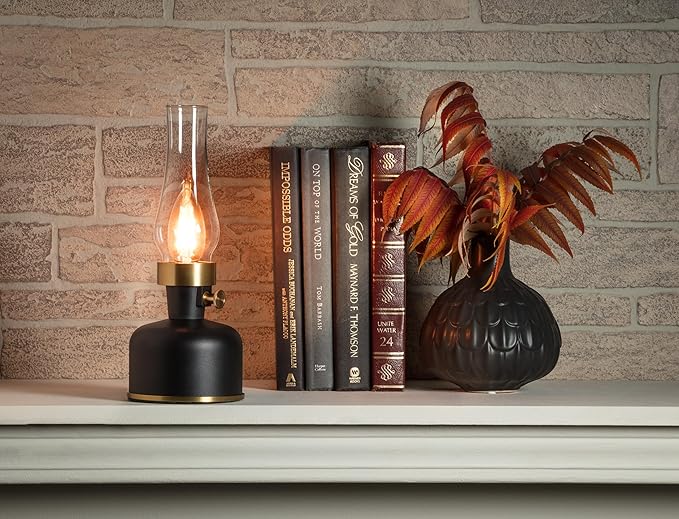 Abbott Collection Lantern LED Lamp with Chimney, Portable Table Light - Metal/Glass, Black (10.5" H)