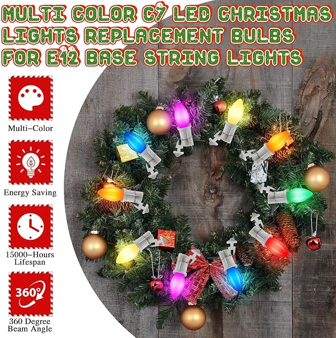 35 Pack C7 LED Christmas Lights Replacement Bulbs, 0.6W Vintage Multicolor Ceramic LED Bulbs for Outdoor Indoor String Lights, E12 Candelabra Base, Waterproof