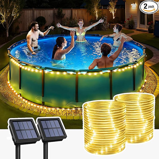 GIGALUMI 2 Pack Solar Rope Lights Outdoor Waterproof, Total with 200 LEDs 71.4 FT 8 Modes, Pool Lights for Above Ground Pools, Outdoor Pool Decoration Accessories (Warm White)