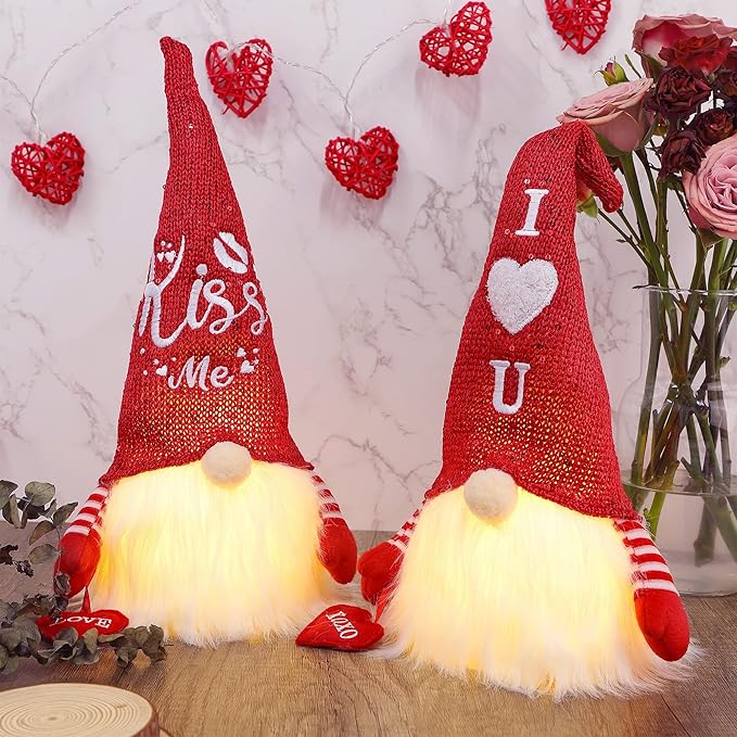 Juegoal 2 Pack Lighted Valentines Gnomes Decorations, 14.5 Inch Handmade Scandinavian Swedish Tomte, Light Up Elf Toy Holiday, Battery Operated Valentine Gift Tabletop Ornament