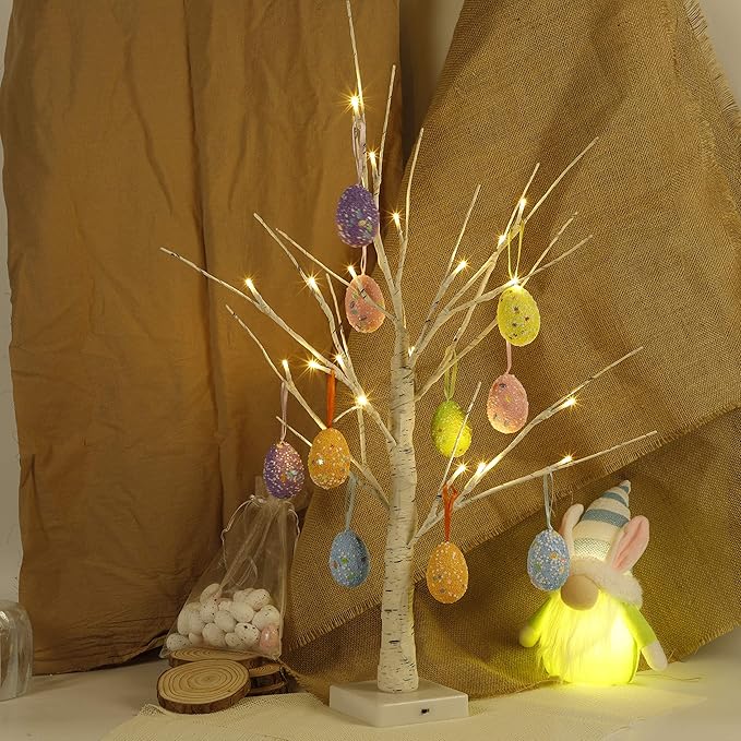 Easter Decorations kemooie 24 Inch Pre-lit White Birch Tree with 10 Hanging Easter Egg Ornaments, 24 Led Lights Battery Operated Easter Table Centerpiece for Party Birthday Home Spring Decoration