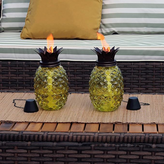 Sunnydaze Tropical Pineapple Glass Patio Torches Set of 2 - 23 to 63-Inch Outdoor Lawn Torch, Garden, Deck & Backyard - Yellow