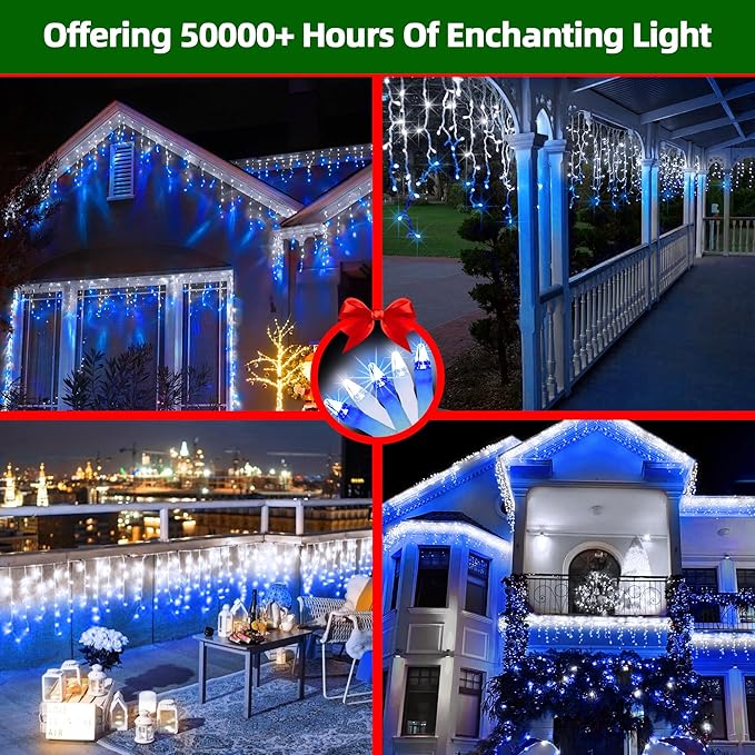 810 LED Christmas Lights with 180 Drops, 82ft 12 Modes Blue and White Fairy String Lights with Timer Dimmable, Waterproof Twinkle Lights for Christmas Indoor Outdoor Holiday Wedding Party Eaves Decor
