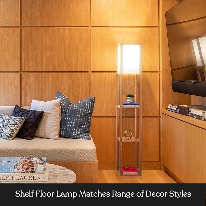 Brightech Maxwell - Modern Shelf Floor Lamp with Lamp Shade & Warm White LED Bulb, Corner Display Floor Lamp with Shelves for Living Room, Bedroom, Nightstand Office, Home Decor Storage - Natural Wood
