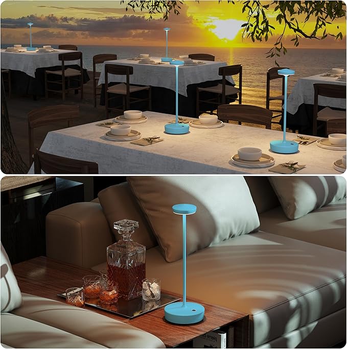 Cordless Table Lamp Rechargeable 2Pack - LED Battery Table Light with 3 Color Temperatures, Stepless Dimming, Waterproof Aluminum for Indoor Outdoor, Patio, Restaurant, Dinner (Blue)