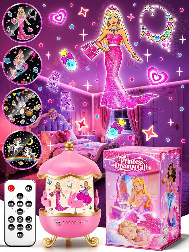 One Fire Princess Toys, 18 Films Girls Night Light Projector, 15 Soothing Sounds Baby Sound Machine, 360° Rotating Girls Bedroom Decor, Birthday Gifts for Girl, Princess Toys for Girl 4-6