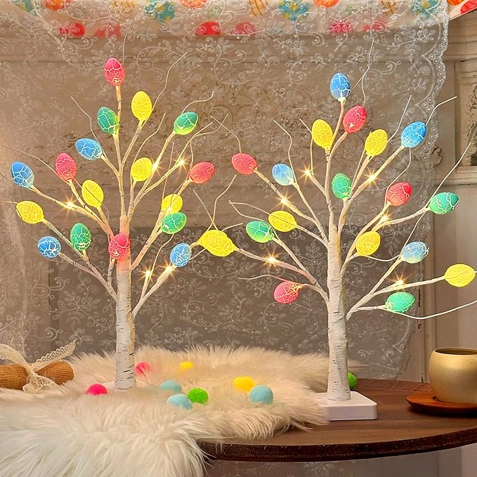 Vanthylit Easter Decorations, 2 Pack Lighted Easter Tree Battery Operated with Timer, 22 Inch LED Birch Tree with 36 Egg Ornaments Indoor Tabletop Centerpiece Light for Home Decor