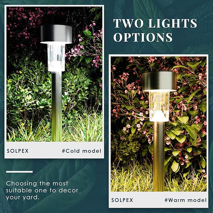 SOLPEX 16 Pack Solar Outdoor Lights Pathway, Stainless Steel Solar Lights Outdoor Waterproof,LED Landscape Lighting Walkway for Landscape/Patio/Lawn/Yard/Driveway-Cold White