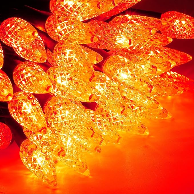 WATERGLIDE Halloween C6 String Lights, 33ft 100 LED Black Wire Fairy Lights with 29V Safe Adaptor, 8 Lighting Mode, Waterproof for Indoor Outdoor Patio Xmas Tree Party Decor, Orange