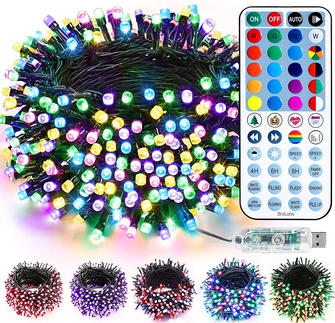 BrizLabs RGB Color Changing String Lights, 33FT 100 LED Pastel Easter Lights with Remote, Dimmable Red White Blue July 4th Light String, USB Mini Christmas Light for Indoor Xmas Halloween Party Tree