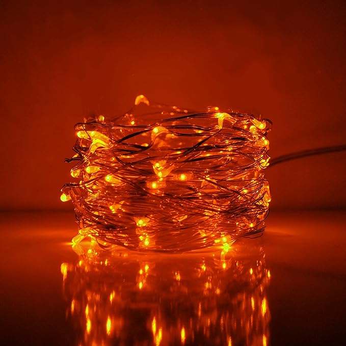 Hometown Evolution, Inc. Orange LED Fairy Lights - Plug in - 33 Foot 100 Orange LED Micro Lights on Copper Wire - Waterproof for Indoor and Outdoor Use