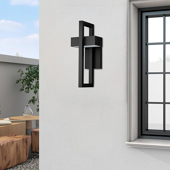 LamQee 2 Packs Modern Outdoor Wall Lights 3000K Integrated LED Outdoor Wall Sconces Lighting, Contemporary Exterior Lighting Fixtures Outside Wall Mount Lights for House Porch Door Garage, Matte Black