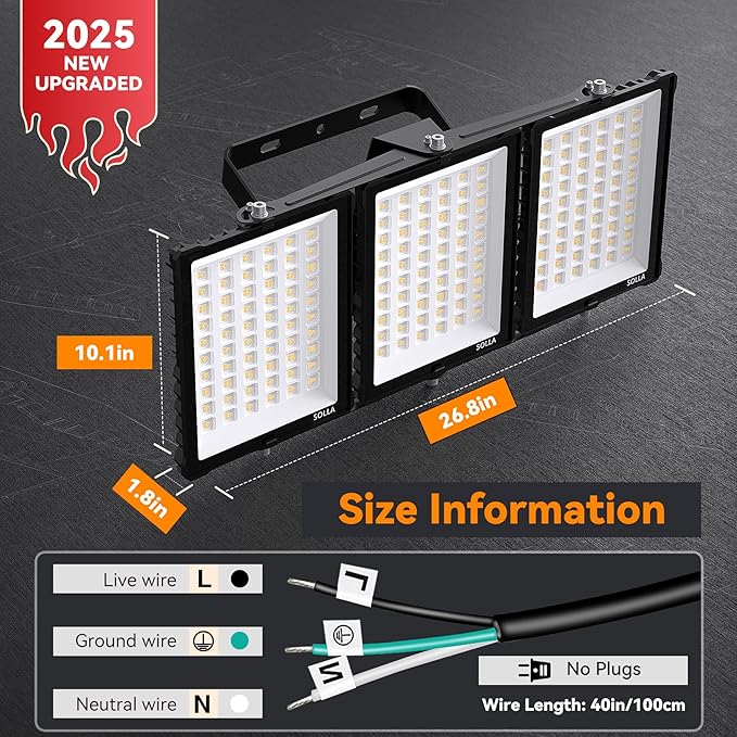SOLLA 450W 2025 Plus New Upgraded LED Outdoor Flood Light, 45000LM 6000K Daylight White IP66 Waterproof, Stadium Lights, 3 Heads Outdoor Floodlight Security Lights for Yards, Patios, Street (2 Pack)