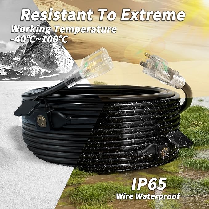 25 FT Outdoor Extension Cord with Multiple Outlets, 14/3 Gauge Heavy Duty Extension Cord Evenly Spaced 3 Outlets Plugs Black with Lighted Waterproof, 15AMP 1875W 125V 14AWG SJTW, ETL Listed.