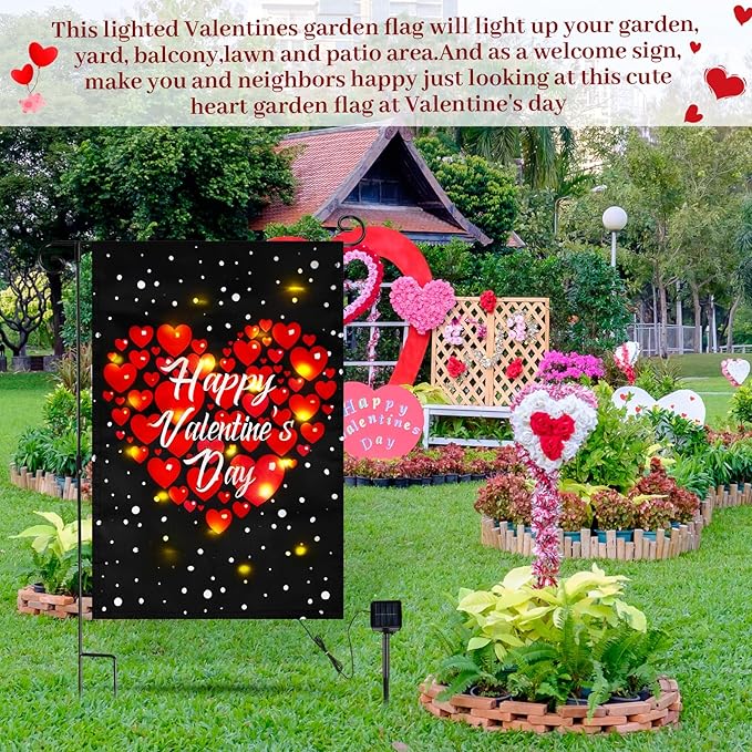 VIHOSE Valentine Garden Flag, 12 x 18 Inch Double Sided Solar Powered LED Heart Flag with Lighting 8 Modes Happy Valentine Red Love Heart Yard Flags Outdoor Banner for Valentine's Day Decorations