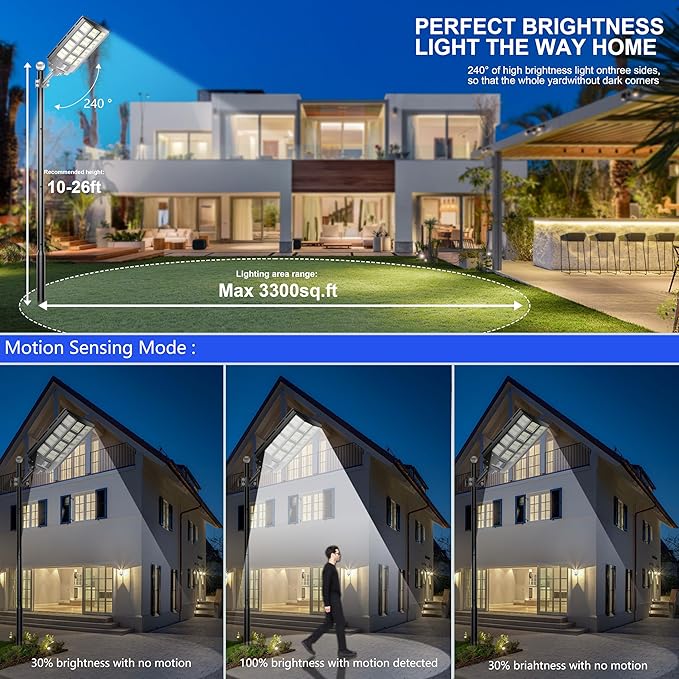 1-Pack 8000W Solar Street Light, Solar Street Lights Outdoor Waterproof, 240000LM 7000K Solar Powered Street Light, Dusk to Dawn, with Motion Sensor, LED Wide Angle Lamp