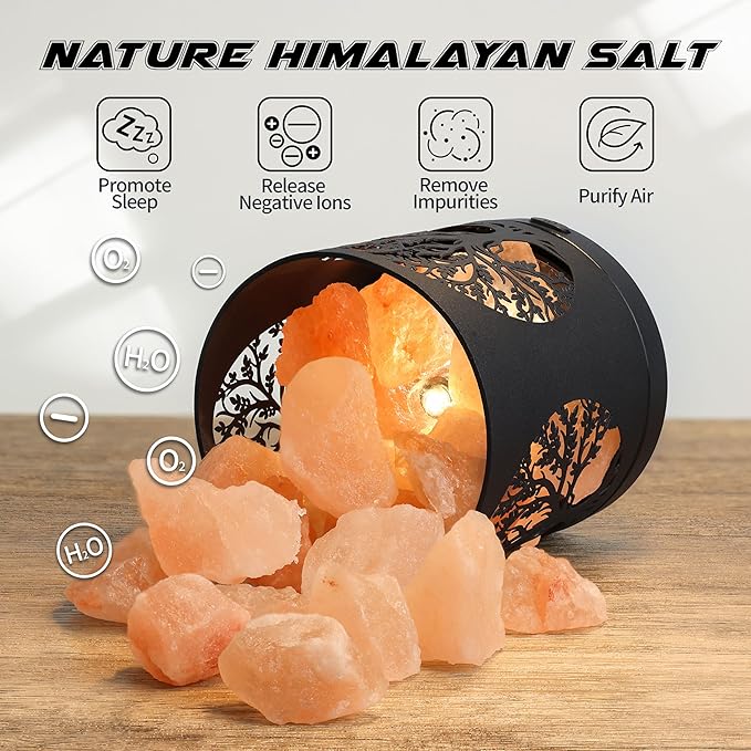 SUNYA Himalayan Salt Lamp - Metal Basket with 5 LED Bulbs, Pink Rock Salt Lamp Night Light with USB Power Cable. Battery Powered Support