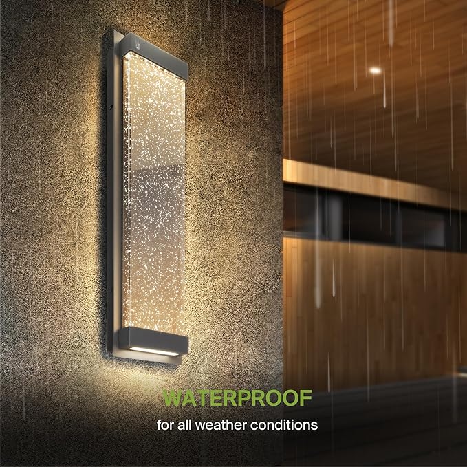 ASD LED 24" Bubble Glass Wall Light Fixture, Outdoor & Indoor Seeded Sconce | 3CCT, Waterproof, Dimmable, Up-Down Glow, ETL Listed | 22W 530LM 3000-5000K 100-277V | Porch Lighting | Black, 2 Pack