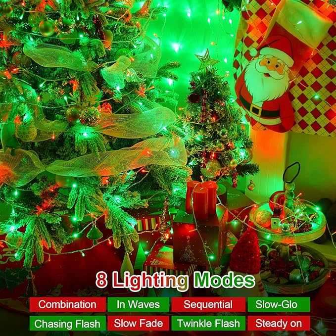 QITONG Red and Green String Light Outdoor Waterproof, 165ft 500 LED Clear Wire Christmas Lights Indoor, 8 Modes Twinkle Xmas Light Plug-in