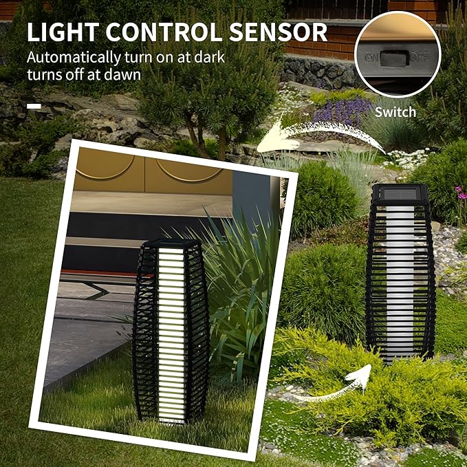 Outsunny Solar Floor Lamp, Outdoor Rattan Garden Lantern Pathway Light & Decorative Driveway Lighting with Auto On/Off LED Lights for Porch, Yard, Lawn, Courtyard, Deck, Black