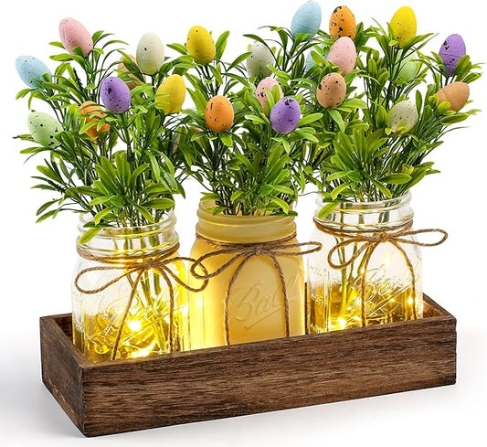 Easter Centerpiece Table Decorations for Table Runner Farmhouse Coffee Table Decor with Wood Tray and Led Light Table Centerpieces for Dining Room Kitchen Living