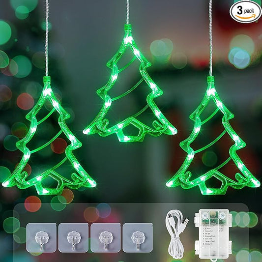 woohaha 30LED Christmas Window Lights,3 Christmas Tree Curtain String Lights USB/Battery Operated,Hanging Xmas Light for Indoor Outdoor Bedroom,Room,Wall,Party,Holiday Decorations(Green)