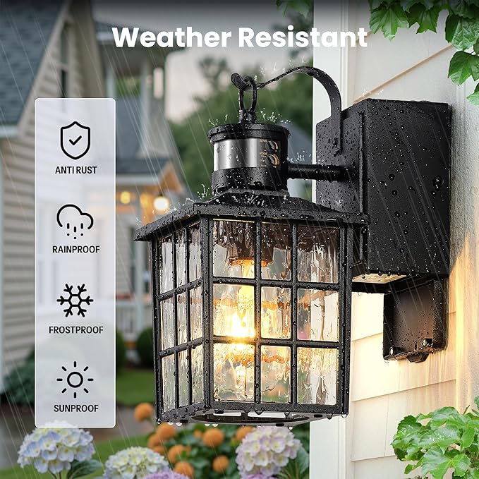 Gleamz Motion Sensor Outdoor Wall Lights with GFCI Outlet, Modern Black Exterior Lighting Fixtures Wall Mount Sconce for House Garage, Anti-Rust Dusk to Dawn Front Porch Light with Water-Ripple Glass