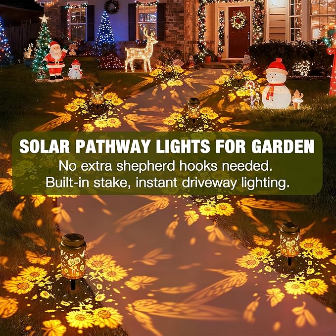 Cooo 6 Pack Valentines Day Gifts for Him Her Solar Lanterns Outdoor Waterproof Sunflower Butterfly Solar Pathway Lights Landscape Path for Outdoor Table Lamps Garden Yard Backyard Decor -Gold