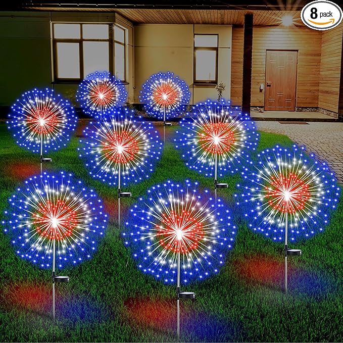 8 Pcs 4th of July Solar Firework Stake Lights 180 LED 8 Modes Solar Waterproof LED Sparkler Lights Outdoor Patriotic Decor for USA 250th Anniversary Garden Patio Yard Pathway (Red White Blue)