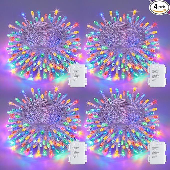 JMEXSUSS 4 Pack 50 LED Battery Operated String Lights Multicolor, Each 16.5ft Christmas string lights with Timer, 8 Modes Waterproof Multicolor Twinkle Light Outdoor for Christmas Garden Patio Bedroom