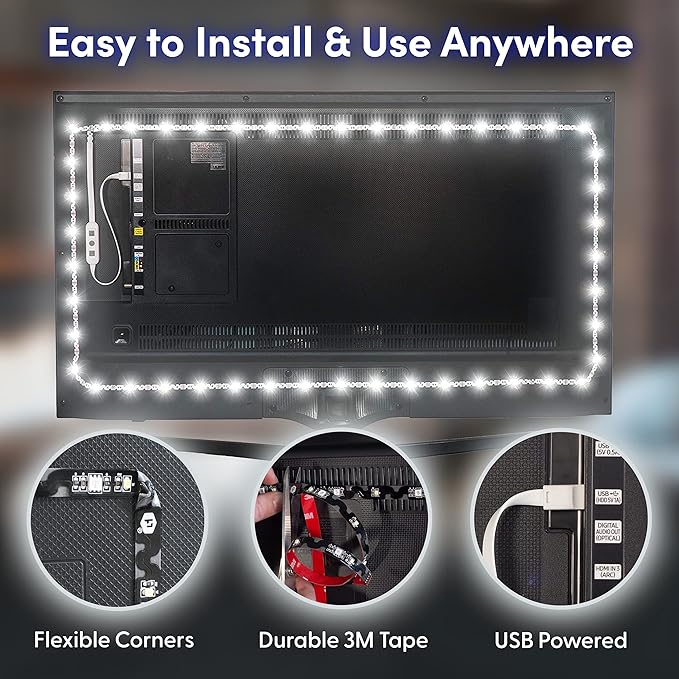 Power Practical USB Bias Lighting, LED TV Backlight Strip, Ambient Home Theater Light, TV Accent Lighting to Reduce Eye Strain, Improve Contrast, White, X-Large (41"-59" TV)