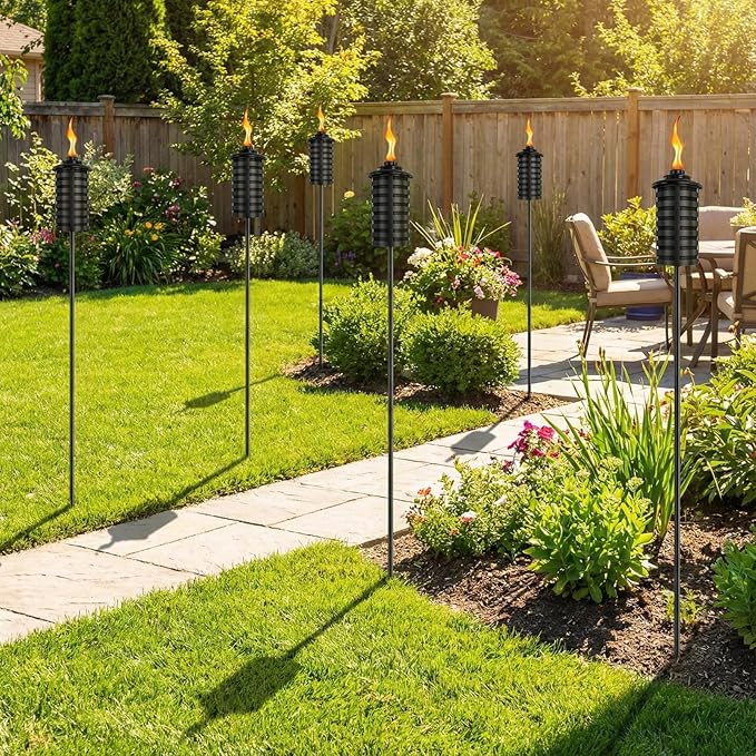 6-Pack Home Garden Torch, 16 Oz Outdoor Black Metal Torch Garden Décor,60-Inch Upgraded Citronella Torches with 5-Prong Grounded Stake, Metal Light Torches for Party Patio Pathway