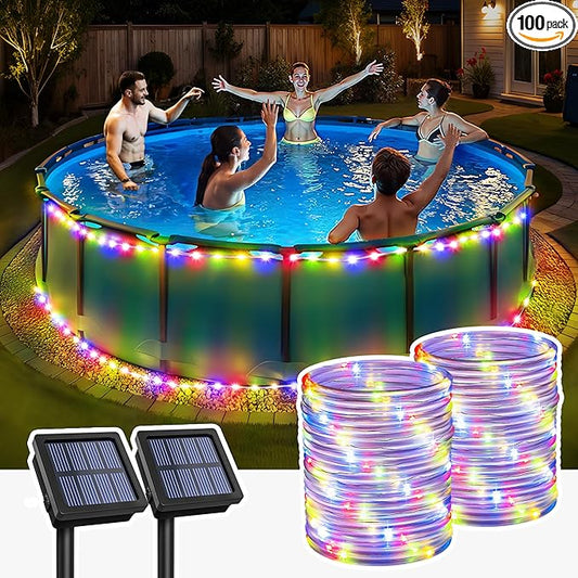 GIGALUMI 200 LEDs Solar Pool Lights for Above Ground Pools, IP65 Waterproof Outdoor Pool Decoration Accessories, 2 Pack Total 71.4 FT 8 Modes(Multicolor)