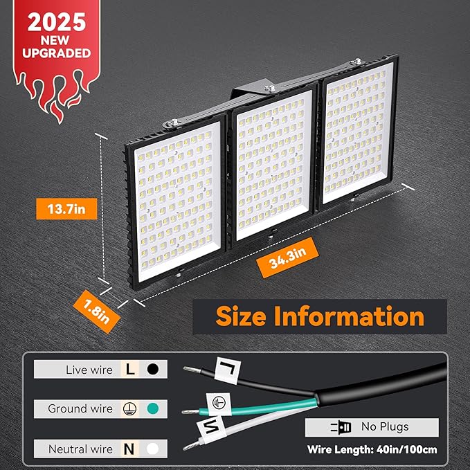 750W 2025 Plus New Upgraded LED Outdoor Flood Light, 75000LM 6000K Daylight White IP66 Waterproof, Stadium Lights, 3 Heads Adjustable Outdoor Floodlight Security Lights for Yards, Patios, Street