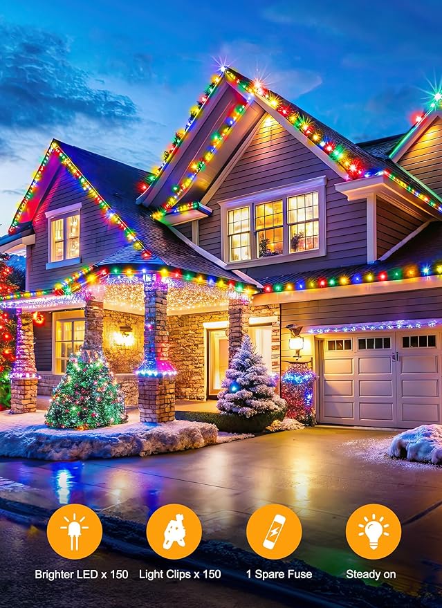 C9 LED Christmas Lights Outdoor, 99 Feet 150 LED C9 String Lights with 150 Spring Clips, Waterproof Connectable Christmas Tree Lights for Outside Roofline Patio Home Xmas Decor, Multicolor