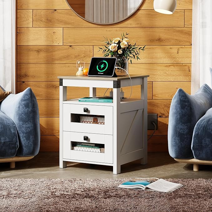 WLIVE Nightstand with Charging Station, Farmhouse End Table, Bed Side Table with 2 Storage Drawers and Open Shelf, Wood Rustic Nightstands for Bedroom, Living Room, White and Greige
