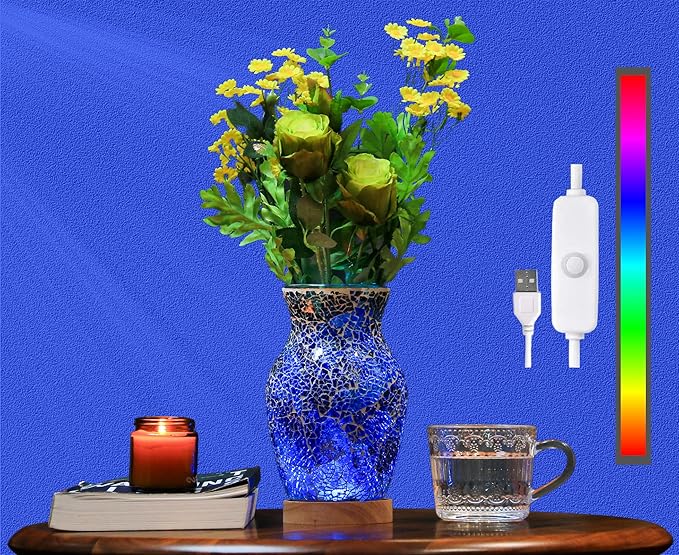8-Inch Handcrafted Mosaic Cracked-Ice Vase Bedside Lamp with USB-Powered LED Wooden Base,Single-Switch Auto-Cycle RGB Mood Light,Ocean Blue Vase USB Night Light for Party,Camping Decor