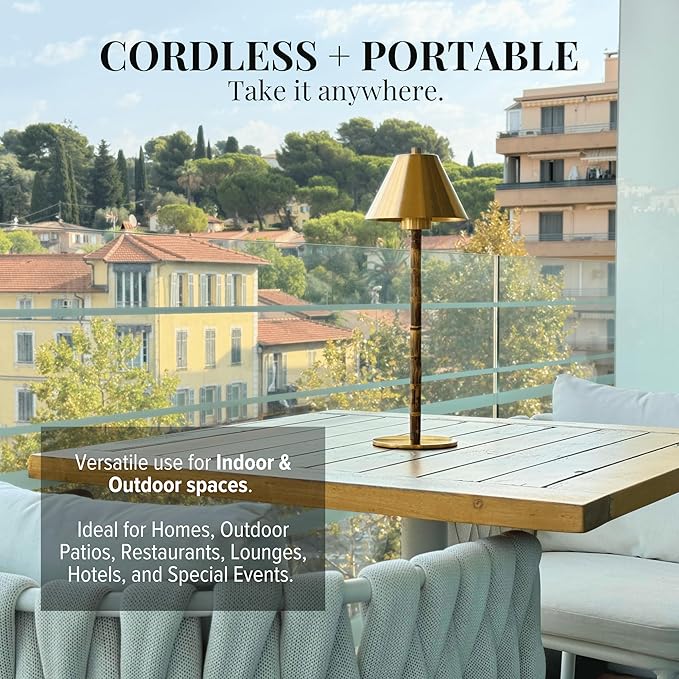 Bamboo Cordless LED Table Lamp – Rechargeable 24-Hour Battery, Dimmable Warm Light, 15" Portable Wireless Lamp with Remote for Indoor/Outdoor Use, Home, Patio, Restaurant – Polished Gold