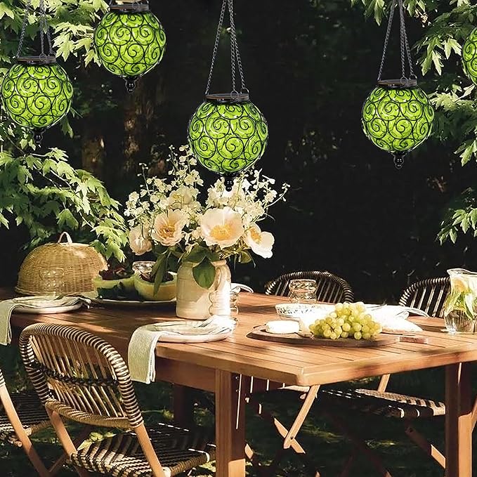 Solar Hanging Lantern Outdoor Garden Lights, Round Glass and Metal Hanging Lantern, 15 Firefly LED Lights, 7 x 20 Inch (Green)