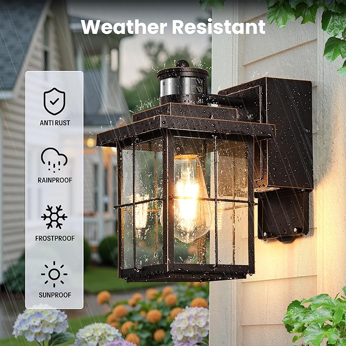 Gleamz Motion Sensor Front Porch Light with Outlet, Oil Rubbed Bronze Outdoor Light with GFCI Outlet, Exterior Sconce Light with Adjust Sensitivity, Garage Lights Wall Lantern for Coach, Balcony, Home