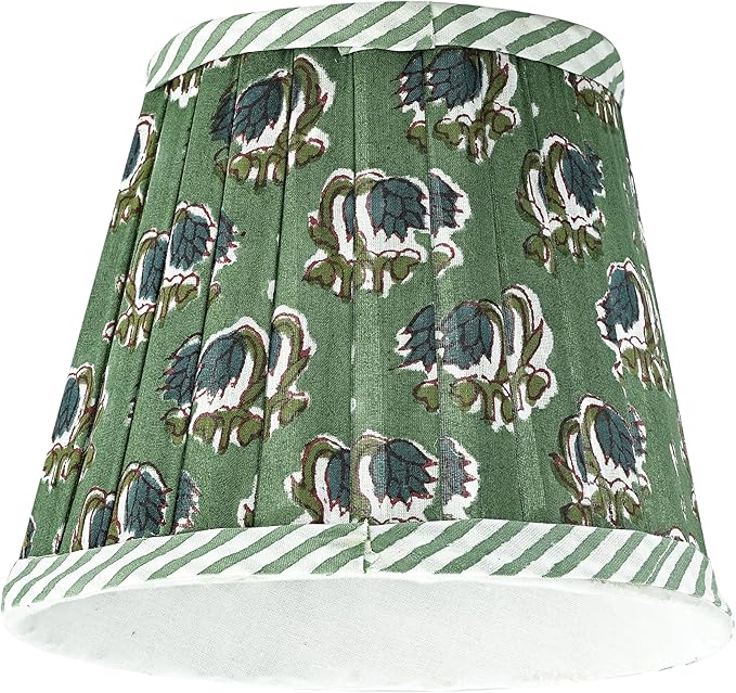 Ridhi Block Print Basil Green Lamp Shade 4" Top x 5" Bottom x 6" Slant Handmade Pleated Cotton Lampshade, Fits E26/E27 Base Table Lamps Boho Vintage Decorative For Bedroom, Living Room