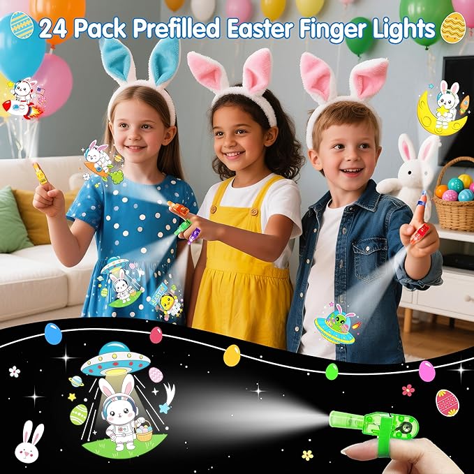 24 Pack Easter Eggs Fillers, Animal Astronaut Easter Finger Light for Kids, Glow in the Dark Easter Eggs Bulk Hunt Toy Prizes, Basket Stuffers Party Favor for Kids Boys Girls