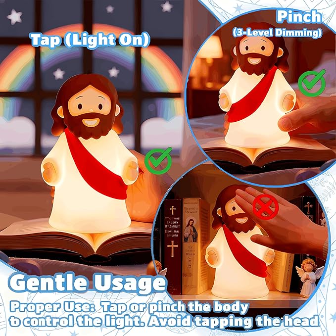Little Jesus Night Light Mini Jesus Silicone Lamp Dimmable Nursery Nightlight for Kids Rechargeable Bedside Touch Lamp Perfect for Christmas, Easter and Baptism Gifts (Red)
