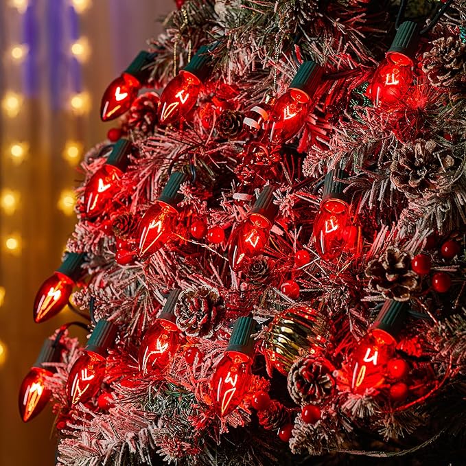 Brightown 50 Pack C9 Incandescent Bulbs, Christmas C9 Replacement Bulbs for Christmas String Lights, Christma Tree, Indoor Outdoor Holiday Decor, E17 Intermediate Base, 7 Watts, Red
