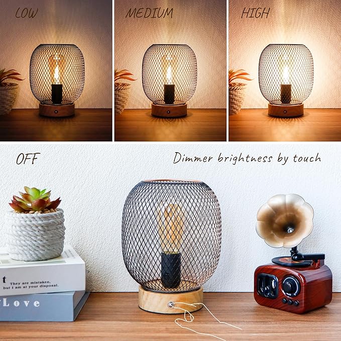 JHY DESIGN Set of 2 Dimmable Touch Bedside Table Lamps 7.5''H Metal Cage Rechargeable Battery Powered Accent Lamps with LED Bulb for Dining Table Parties Patio Indoors Outdoors(Round, Wooden Base)