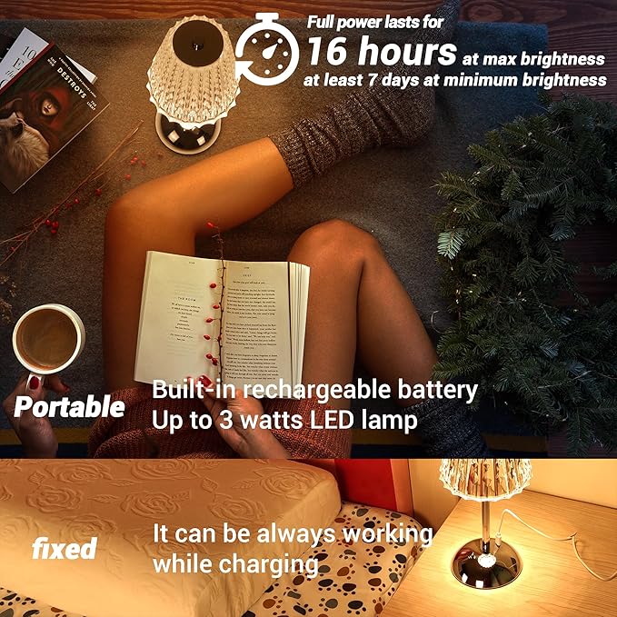 Cordless Table Lamp, 4000mAh Rechargeable Battery Operated Lamp, 3 Color Modes & Stepless Dimmable LED Touch Lamp, Portable Crystal Metal Beside Lamps for Bedroom Restaurant(Silver 2 Pack)