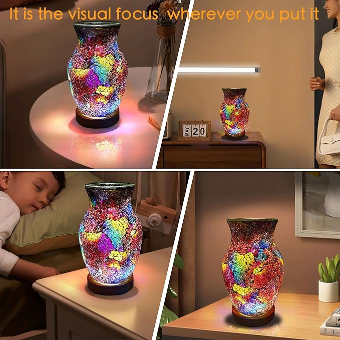8-Inch Handcrafted Mosaic Cracked-Ice Vase Bedside Lamp with USB-Powered LED Wooden Base,Single-Switch Auto-Cycle RGB Mood Light, Ruby Red Vase USB Night Light for Party,Camping Decor